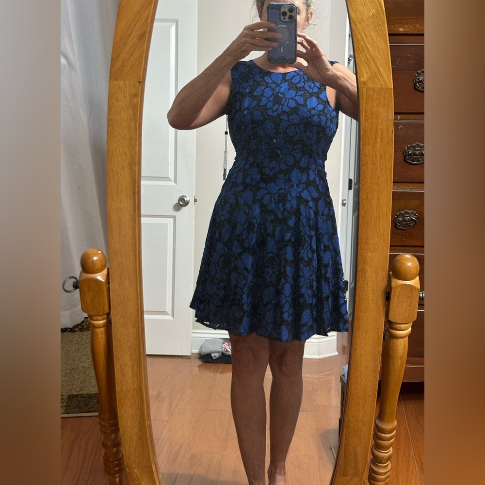 Tommy Hilfiger Blue and Black Lace Fit-and-Flare Mini Dress